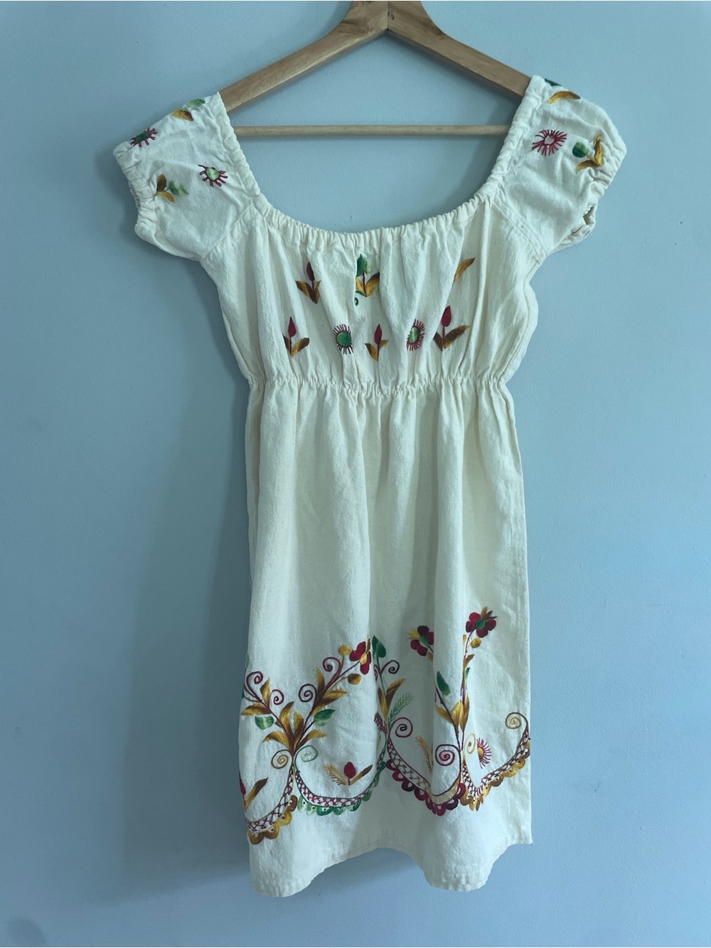 VTG Embroidered Mexican Folk Art Baby Doll Dress Multicolor Flowers S
